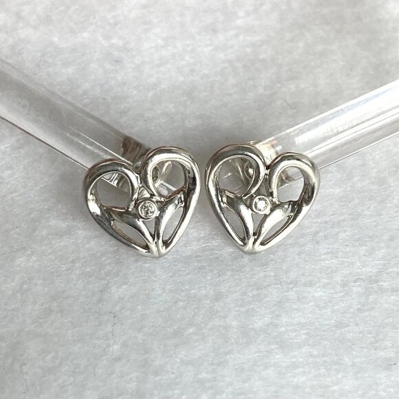Sterling Silver 925 NDI 0.42" Dainty Round Diamond Open Heart Stud Earrings - Picture 6 of 16